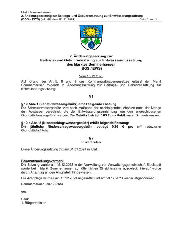 2. Änderungssatzung zur Beitrags- und Gebührensatzung