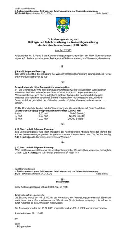3. Änderungssatzung zur Beitrags- und Gebührensatzung zur Wasserabgabesatzung des Marktes Sommerhausen (BGS / WAS)