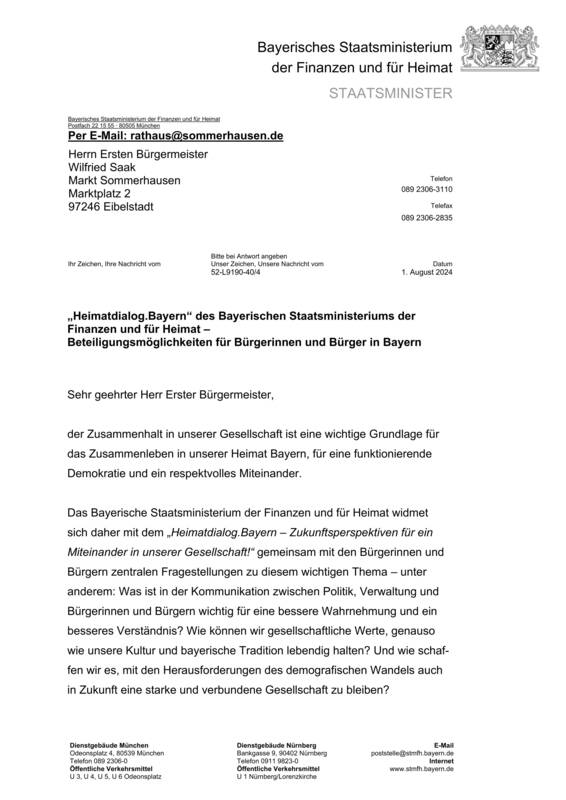 Schreiben Staatsminister Albert Füracker, MdL sowie Staatssekretär Martin Schöffel, MdL vom 01.08.2024 